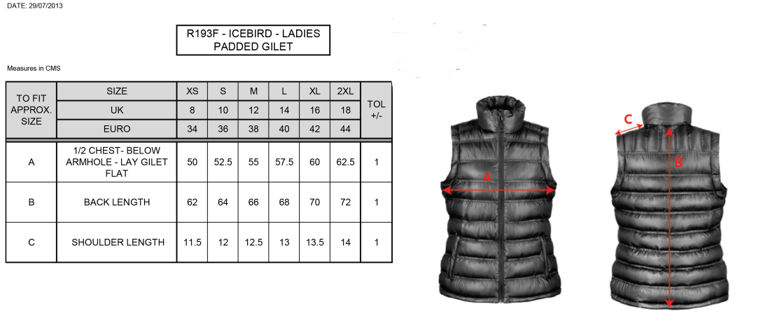 Padded Gilet - Navy/Red - Women's Fit - Size Guide