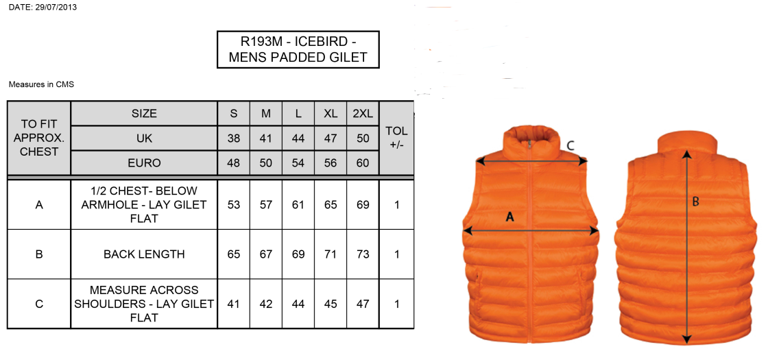 Padded Gilet - Navy/Gold - Men's Fit - Size Guide