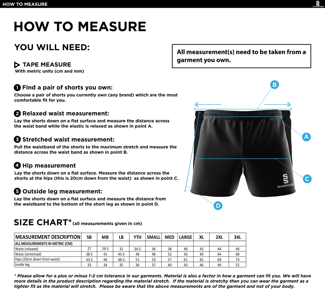 Performance Gym Short - Black/Gold - Unisex - Size Guide