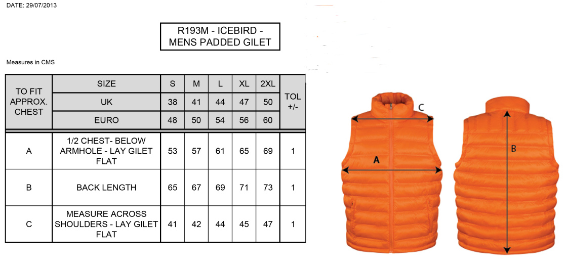 Padded Gilet - Navy/Gold - Men's Fit - Size Guide